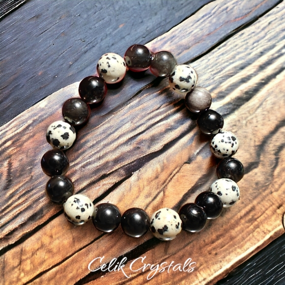 Silver Obsidian and Dalmatian Stone Bracelet 10mm Unisex - Picture 4 of 5